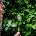 Side shot of a woman with long blonde hair blowing a dandelion seed head